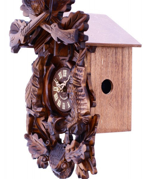 Hunter's Cuckoo Clock With Hand-Carved Oak Leaves, Bunny, Bird, And Crossed Rifles, And Buck - 16 Inches Tall - OktoberfestHaus.com
 - 3