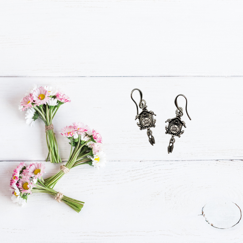 Cuckoo Clock Silver Plated Earrings Gift Idea