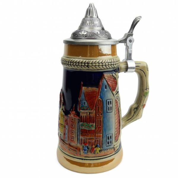 German Village Street Scene .75L Lidded Stein -1